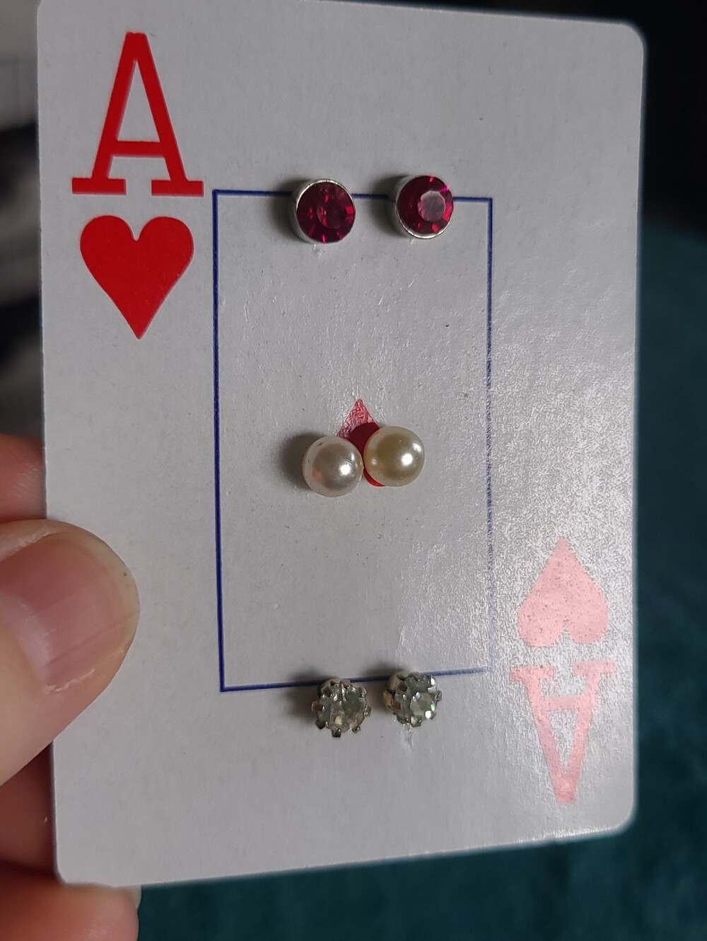 3 Pairs Stud Earrings - Red Crystal, Pearl, Clear Crystal